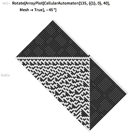 Rotate[ArrayPlot[CellularAutomaton[135, ,,40],Mesh-&gtTrue],-45 Degree]